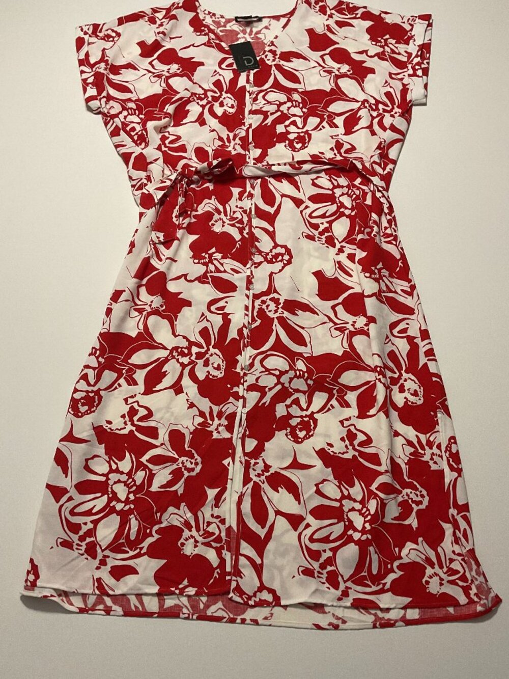 Womens Plus 2X Floral Maxi Dress Red White Button Front Tie Waist NWT